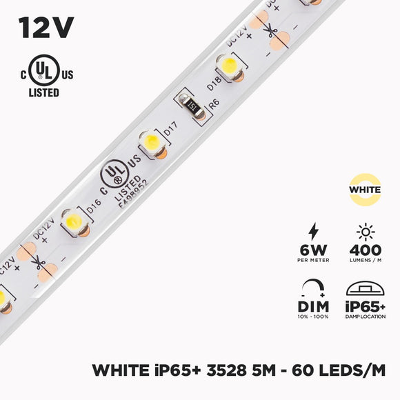 12V 5m IP65 3528 White LED Strip - 60/m