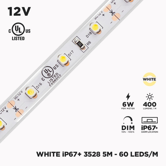 12V 5m IP67+ 3528 White LED Strip - 60/m