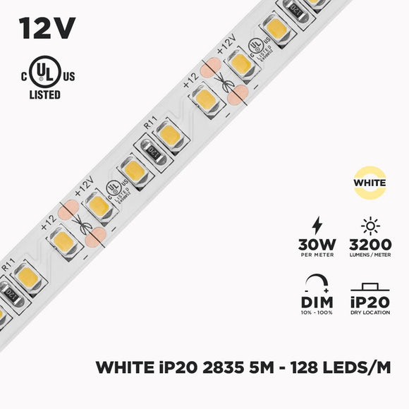 12V 5m IP20 2835 White LED Strip - 128/m
