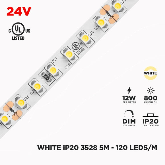 24V 5m IP20 3528 White LED Strip - 120/m