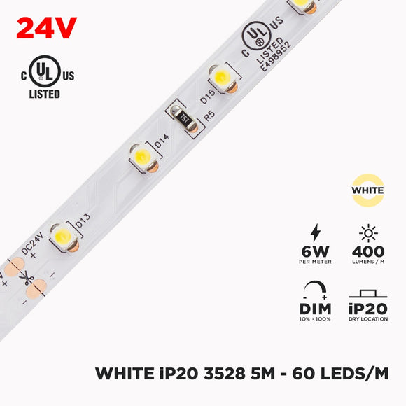 24V 5m IP20 3528 White LED Strip - 60/m