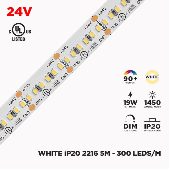 24V 5m IP20 2216 White LED Strip - 300/m