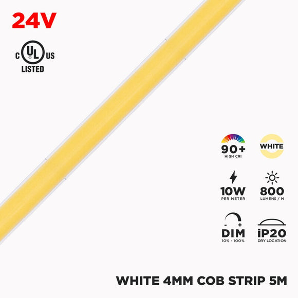 24V 5m IP20 4mm COB White LED Strip