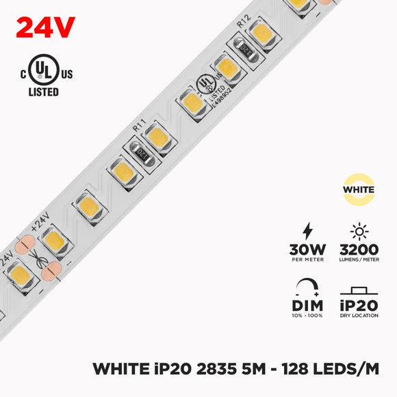 24V 5m IP20 2835 White LED Strip - 128/m