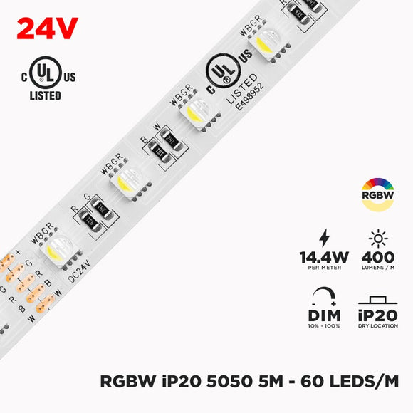 24V 5m IP20 4-IN-1 RGBW+3000K LED Strip - 60/m
