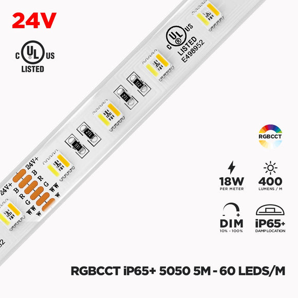 24V 5m IP65+ 5-IN-1 RGBCCT LED Strip - 60/m