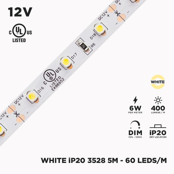 12V 5m IP20 3528 White LED Strip - 60/m