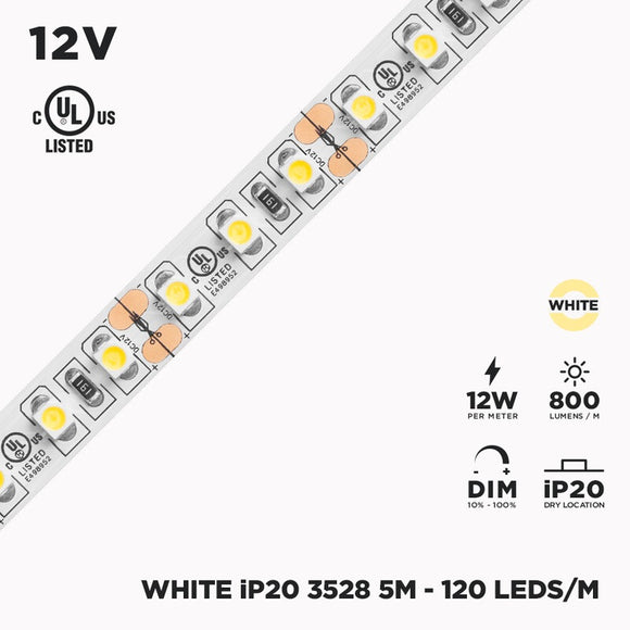 12V 5m IP20 3528 White LED Strip - 120/m